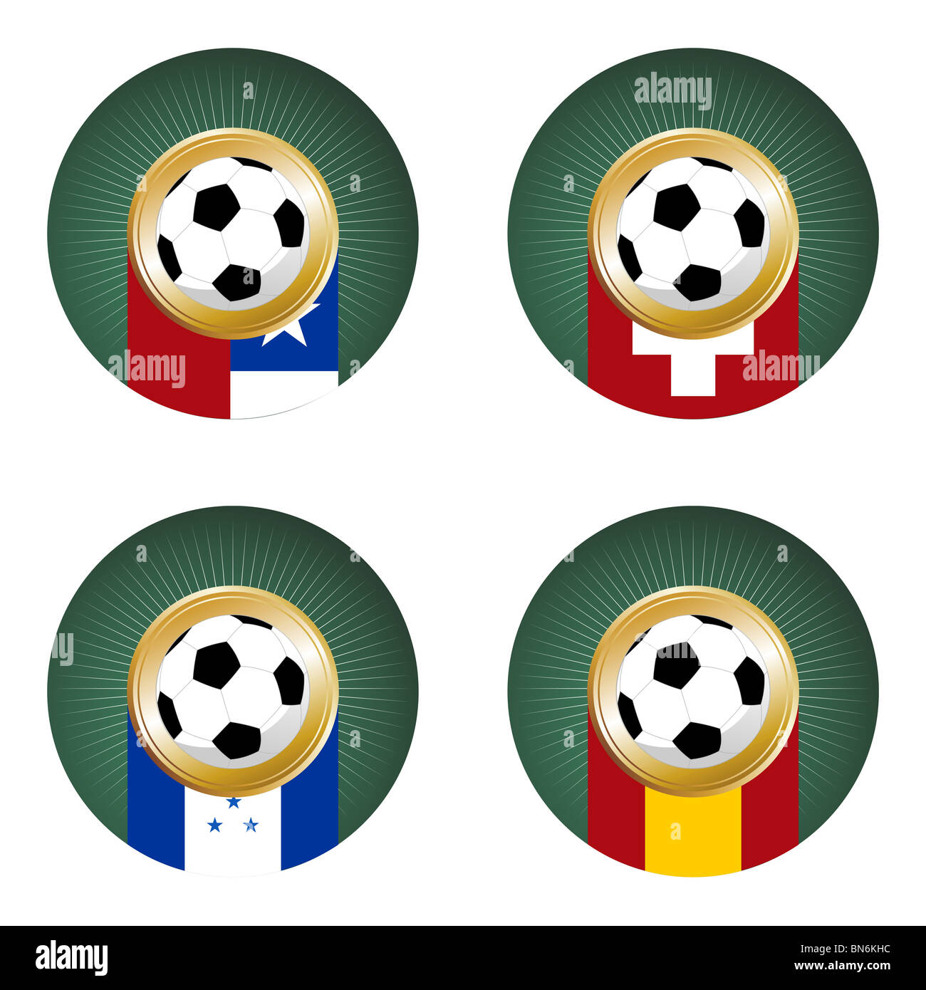 Composizione con palloni da calcio nei flag di ciascun paese del gruppo H per il 2010 Coppa del Mondo Foto Stock