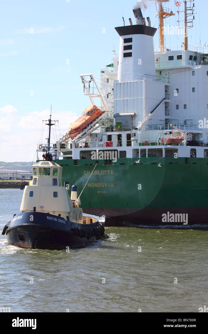 Rimorchiatore manouvering una nave portacontainer a Belfast dock Foto Stock