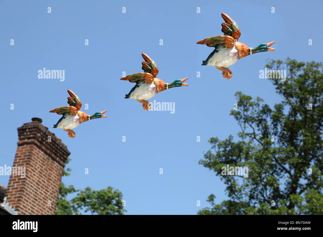 Tre ceramica anatre volanti volare oltre tree tops e camino Foto Stock