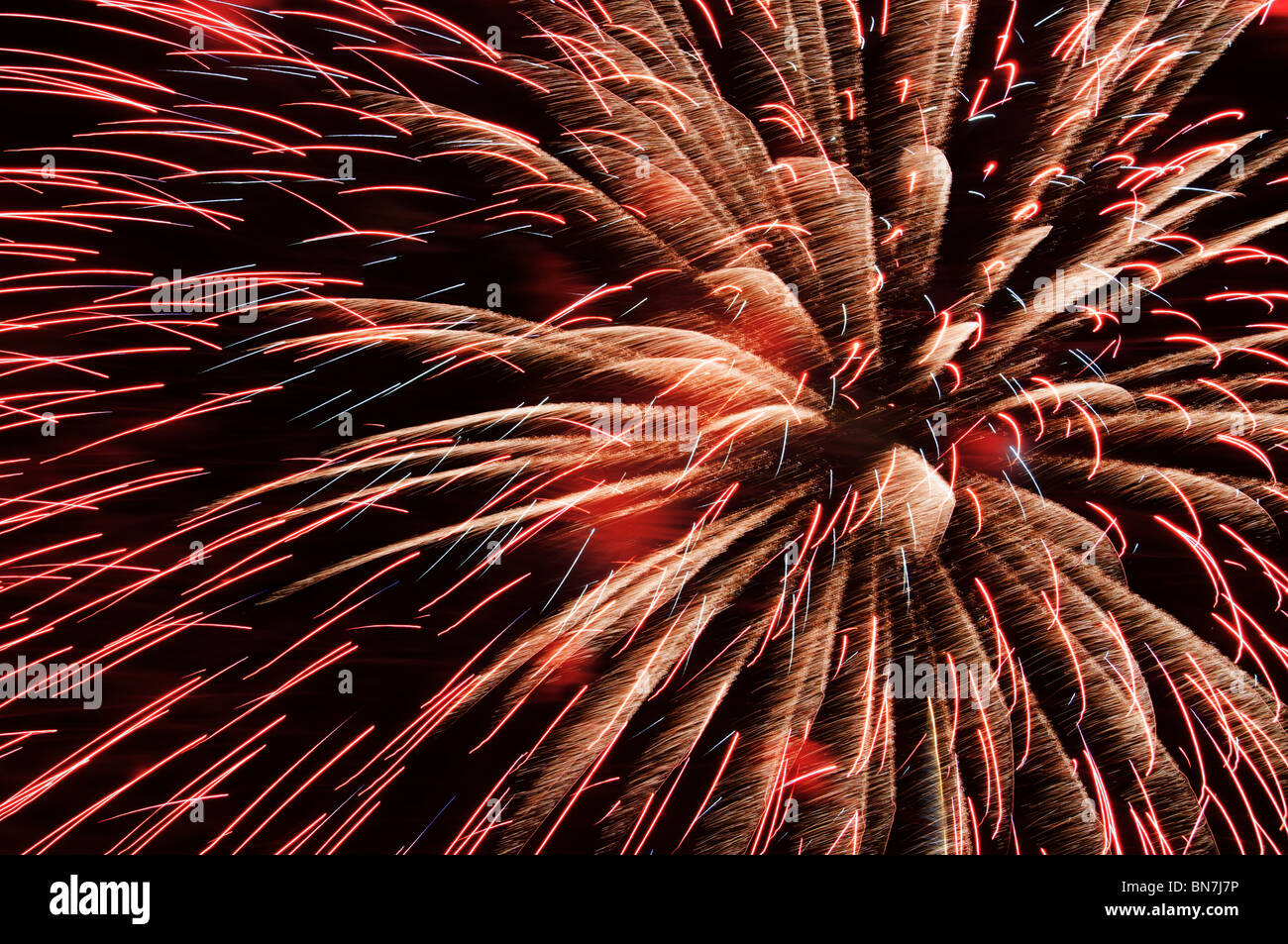 Un esplosione di fuochi d'artificio riempie il cielo di notte per celebrare il quarto di luglio in Tumwater, Washington. Foto Stock