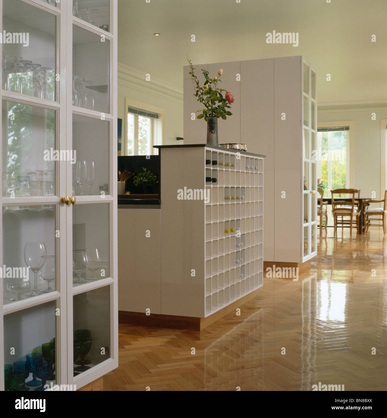 White ripostiglio con porte vetrate in grande e moderna cucina a pianta aperta con pavimento in legno Foto Stock