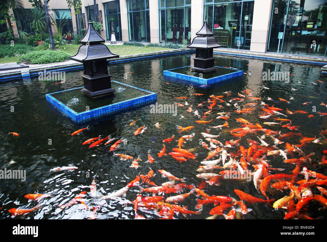 Myanmar Mandalay, laghetto nei giardini dell'Hotel Foto Stock