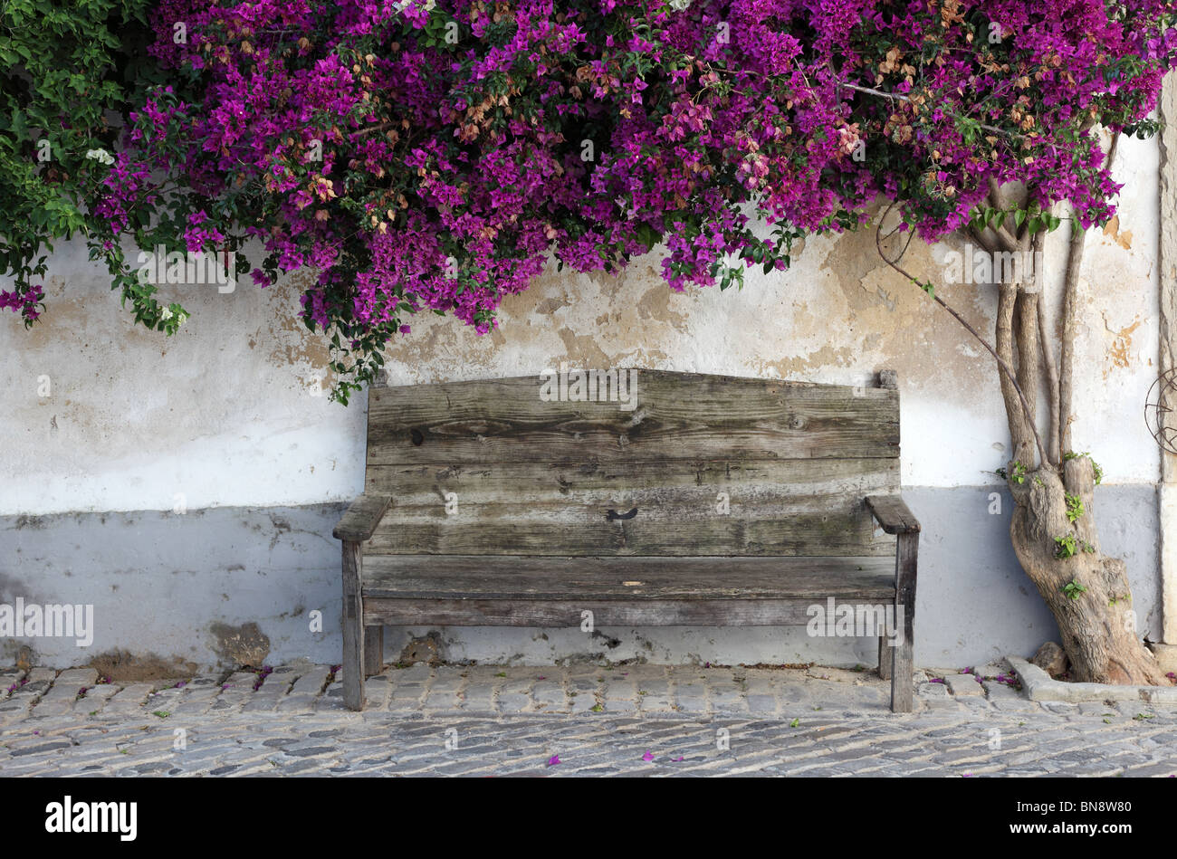 Panca in legno nella città vecchia di Faro Algarve Portogallo Foto Stock