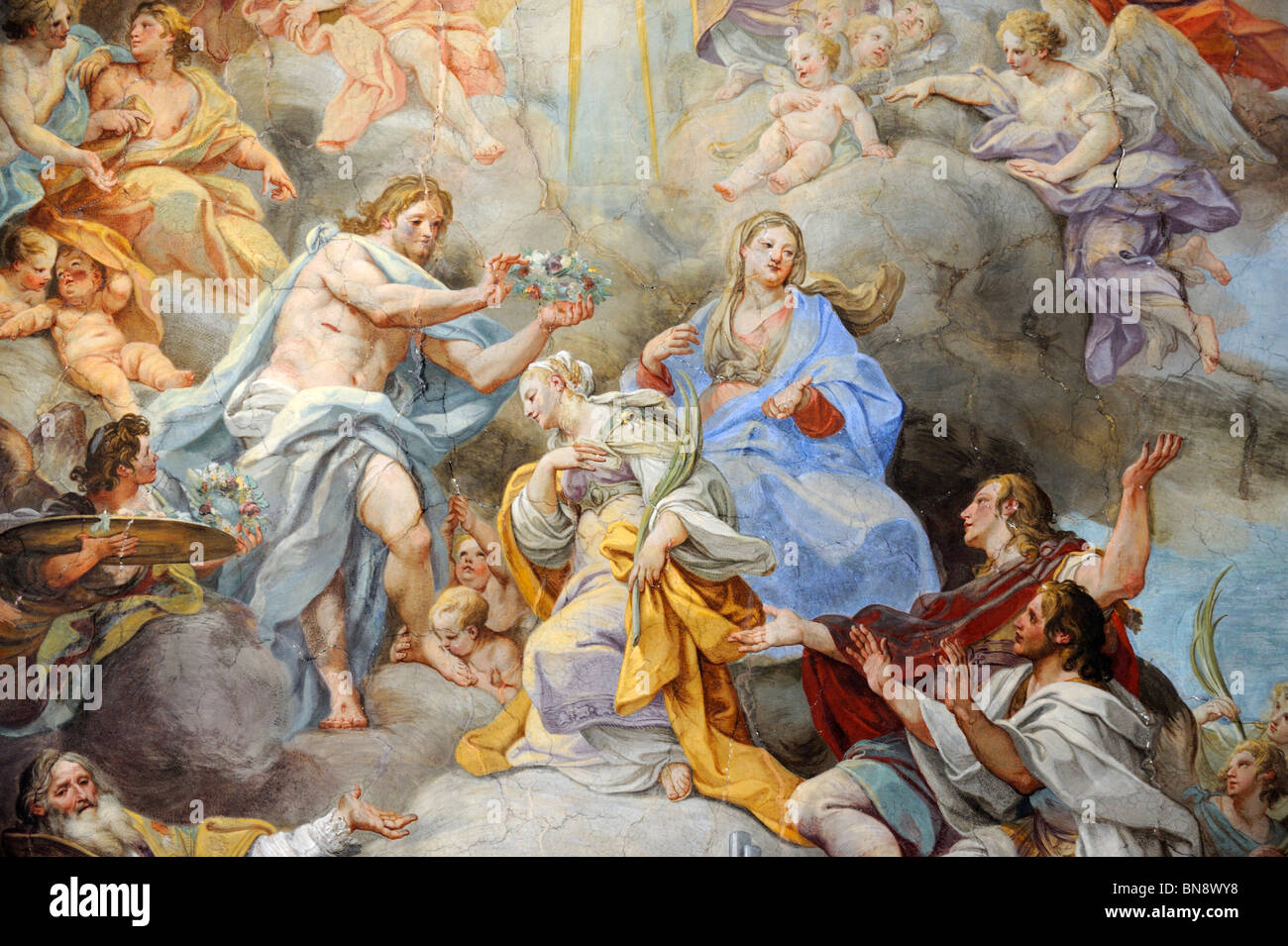 Un affresco dipinto sul soffitto di di Sant Chiesa Cecilia in Trastevere Roma Foto Stock