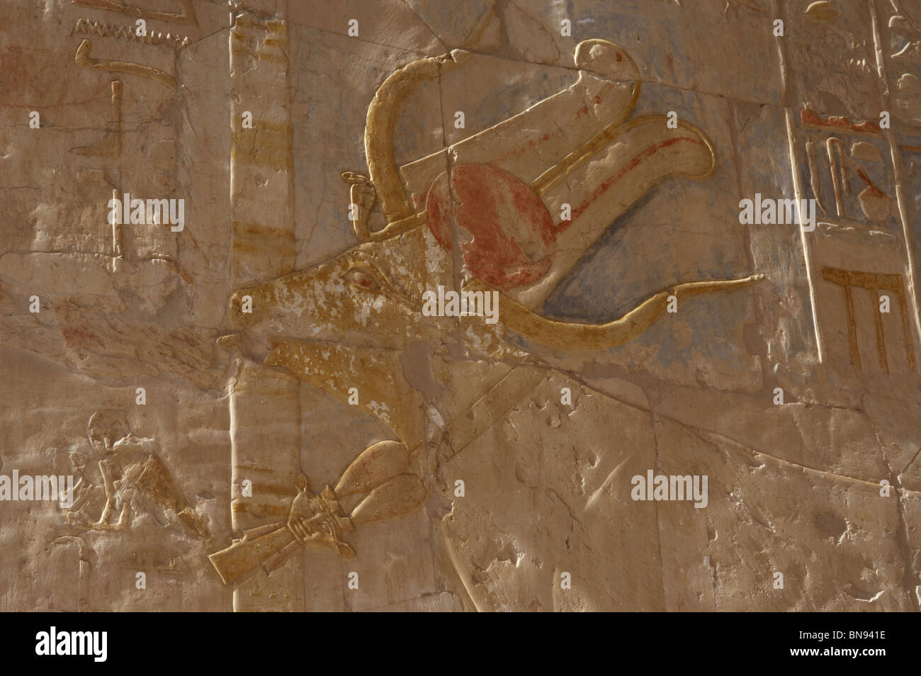 Dea Hathor come una mucca con disco solare tra le sue corna. Tempio di Hatshepsut. L'Egitto. Foto Stock