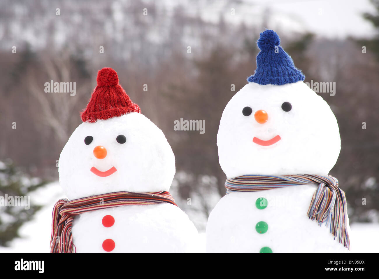 Pupazzo di neve giovane indossare cappelli e sciarpe. Foto Stock