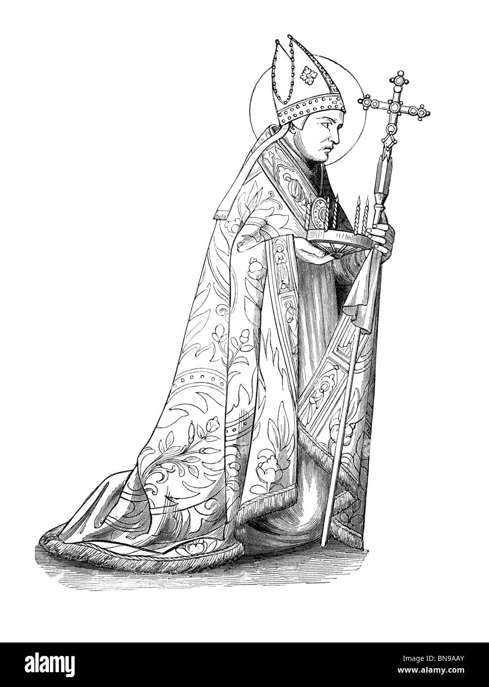 Bianco e Nero illustrazione di Saint Donatian (IV secolo), Vescovo di Reims, Patrono di Bruges Foto Stock