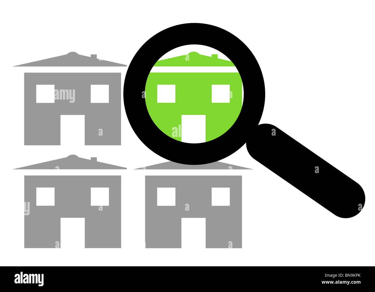 Immagine concettuale della lente di ingrandimento sopra eco case, scelta e opzioni. Foto Stock