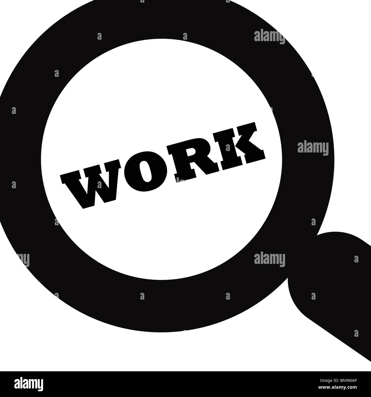 Illustrazione concettuale della lente di ingrandimento sopra la parola lavoro, isolati su sfondo bianco. Foto Stock