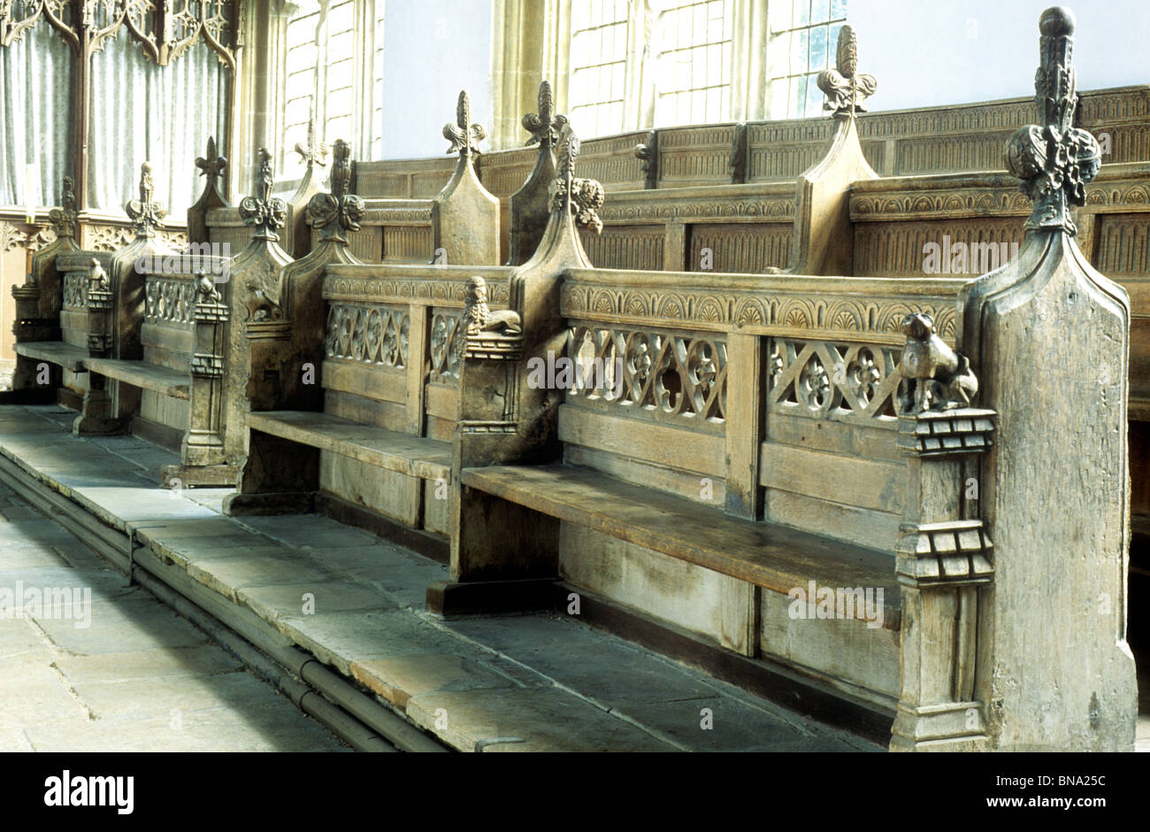 Walpole San Pietro, Norfolk, xv secolo panche di legno, panca termina, medievale perpendicolare in legno sculture in legno le sculture in legno Foto Stock