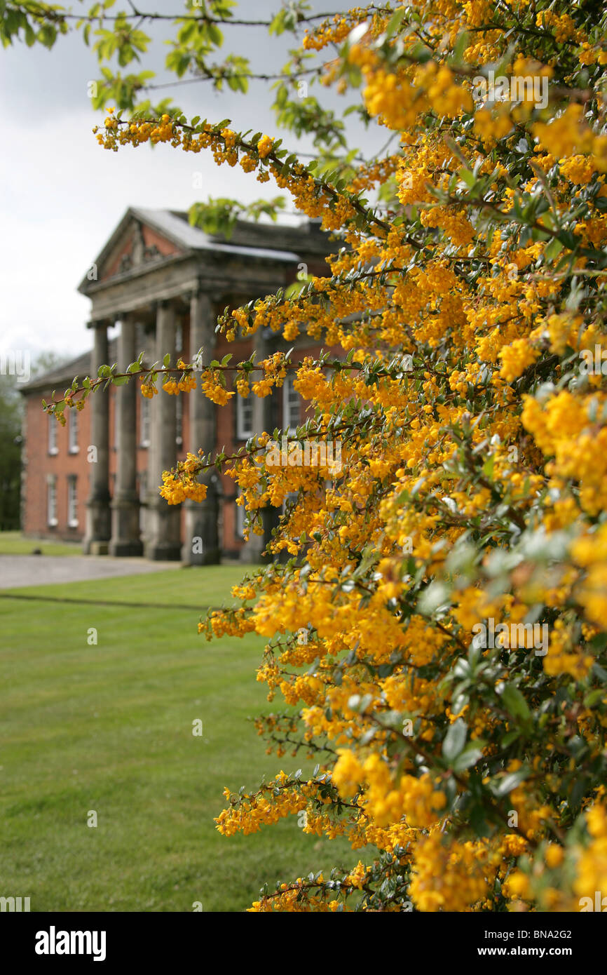 Adlington Hall & Gardens, Inghilterra. Molla di vista Adlington Hall giardini con l'esterno georgiana in background. Foto Stock