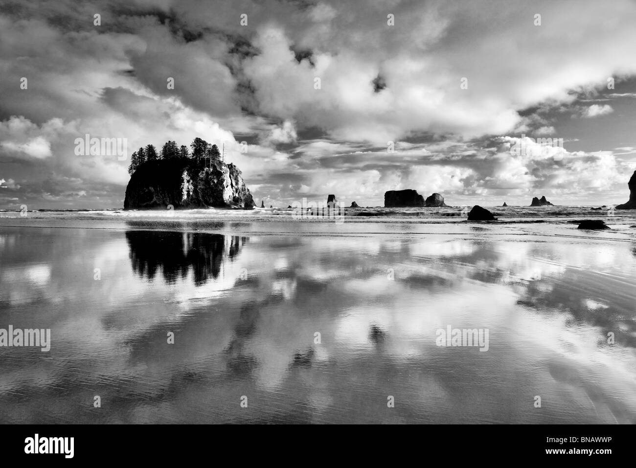 Seconda Spiaggia con le nuvole e di riflessione con la bassa marea. Il Parco nazionale di Olympic, Washington. Foto Stock