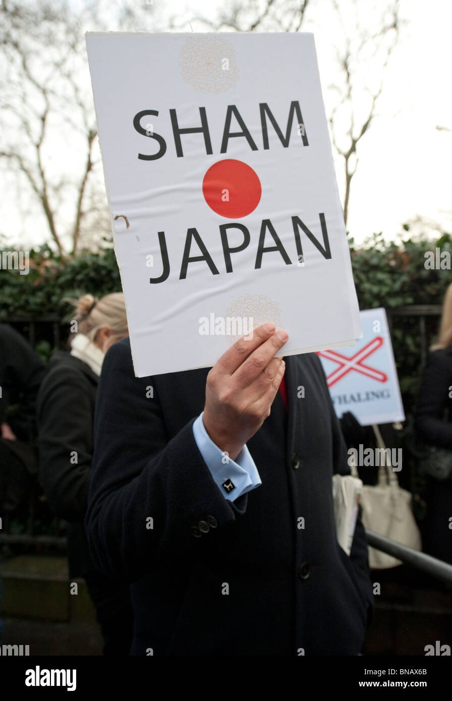 Anti-caccia alla balena gli attivisti da Sea Shepherd Conservation Society protesta all ambasciata giapponese di Londra Foto Stock