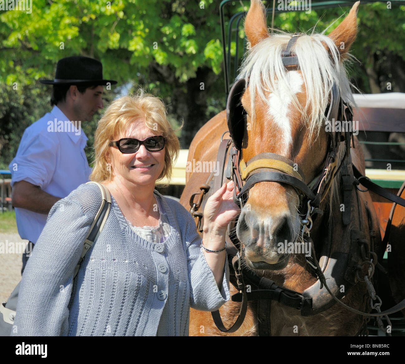 Una donna in posa con un cavallo Foto Stock