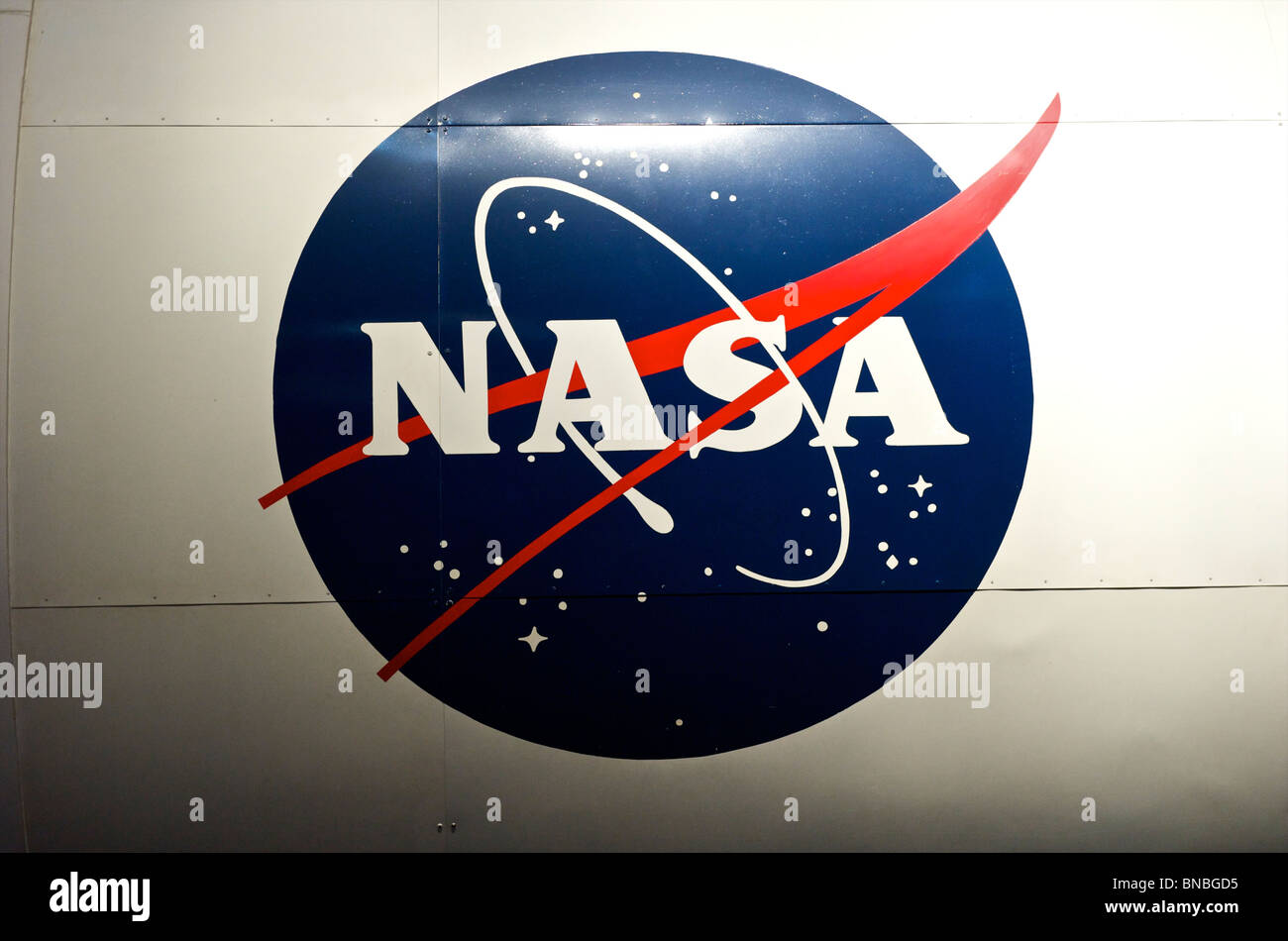 La NASA logo sullo Space Shuttle a space center a Houston, Texas, Nord America, STATI UNITI D'AMERICA Foto Stock