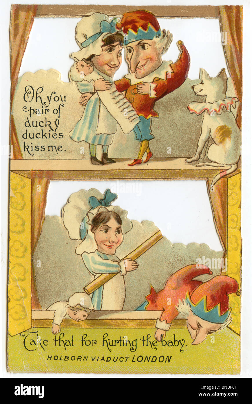 Punch e Judy Card - prendere quella per ferire il bambino Foto Stock