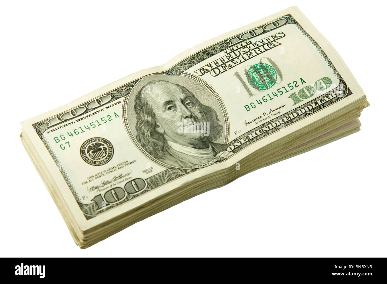 Pila di dollari (U$S 20.000) su sfondo bianco Foto Stock