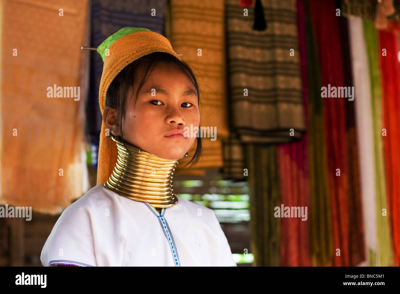 Giovane ragazza dell'Padaung lungo collo della tribù della collina, Tha Ton, Chiang Mai Provincia, Thailandia Foto Stock