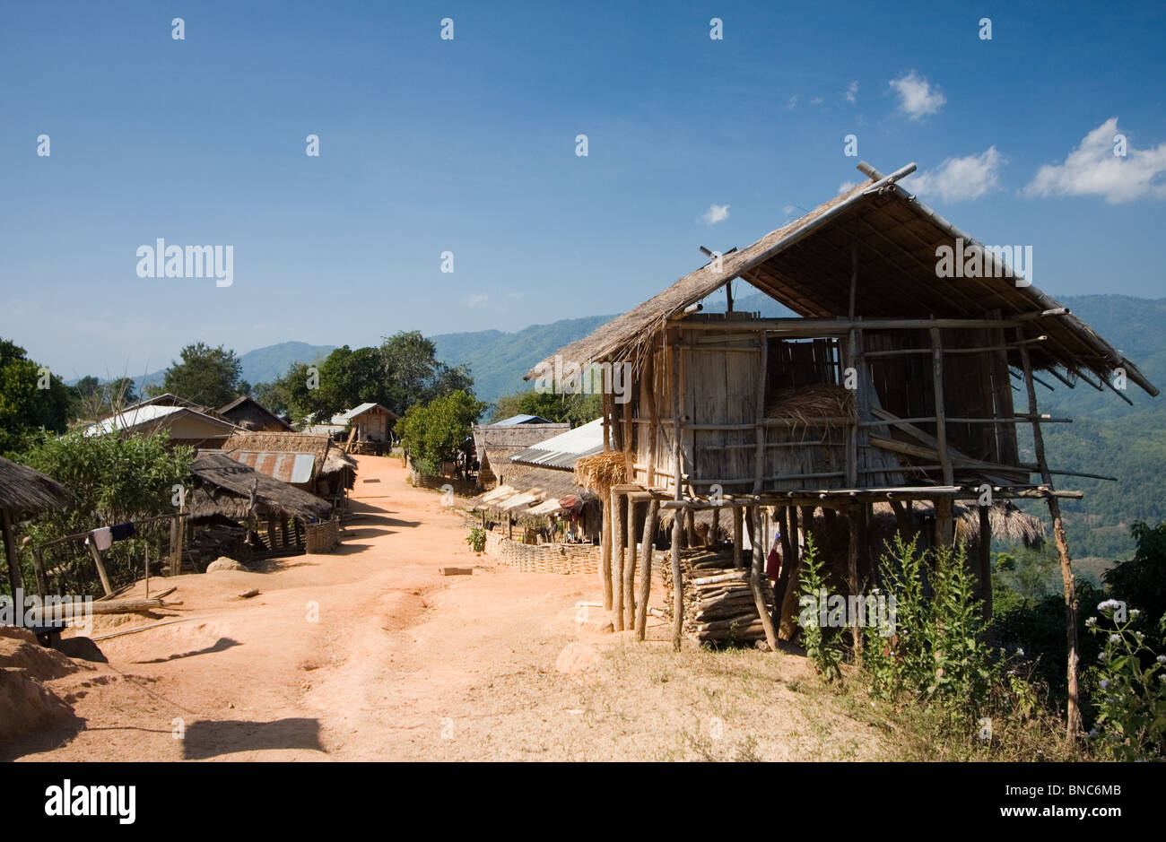 Bamboo House in un villaggio vicino a Tha Ton, Chiang Mai Provincia, Thailandia Foto Stock