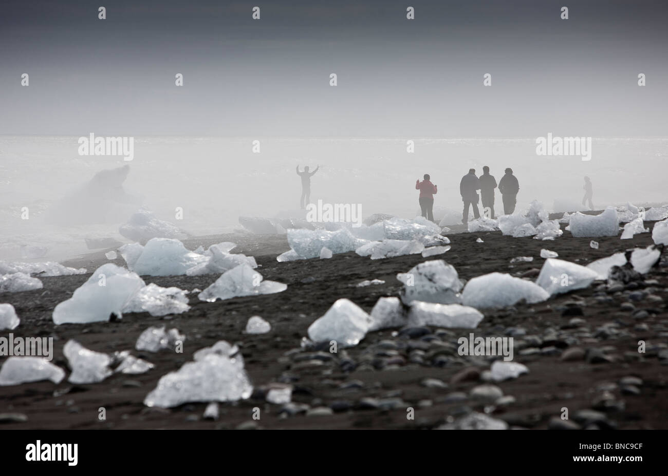 Formazioni di ghiaccio sulla spiaggia di sabbia nera da Breidamerkurjokull ghiacciaio Vatnajokull calotta di ghiaccio, Islanda Foto Stock