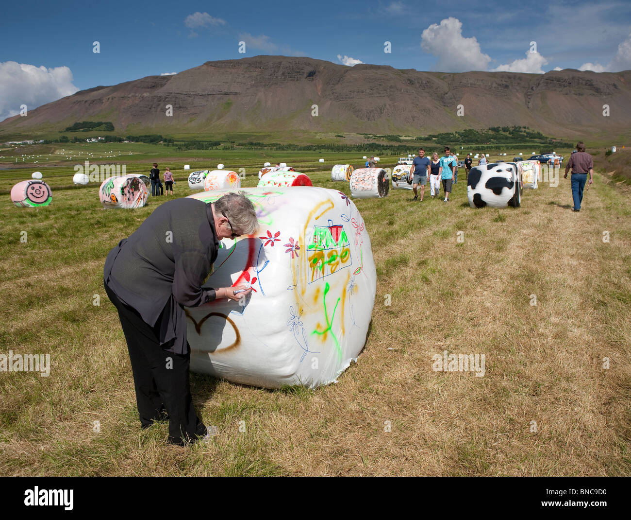 Pittura bails fieno durante un festival estivo, Hvalfjordur, Islanda Foto Stock
