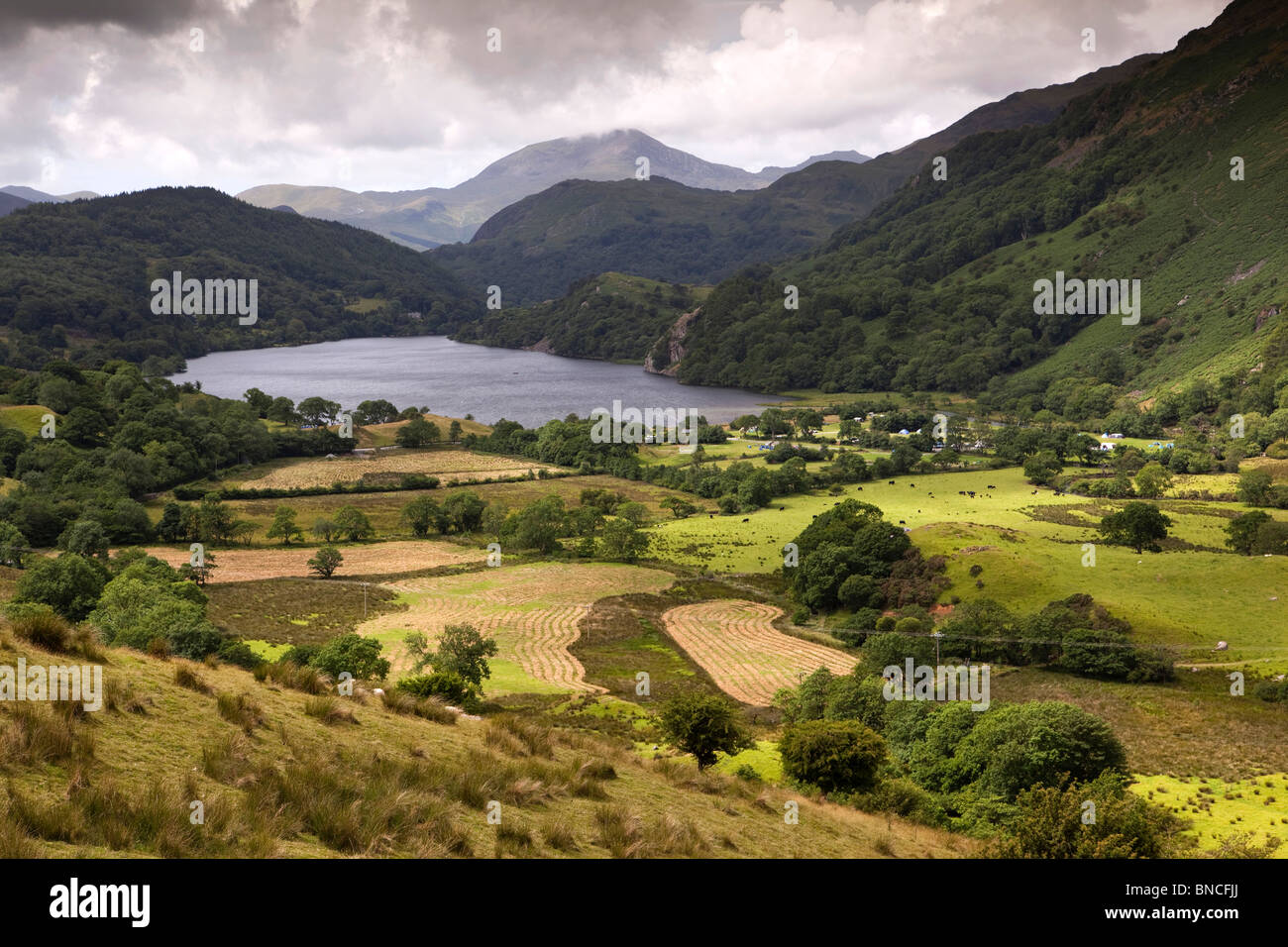 Regno Unito, Galles Snowdonia, paesaggio panoramico sopra Gwynant Llyn Foto Stock