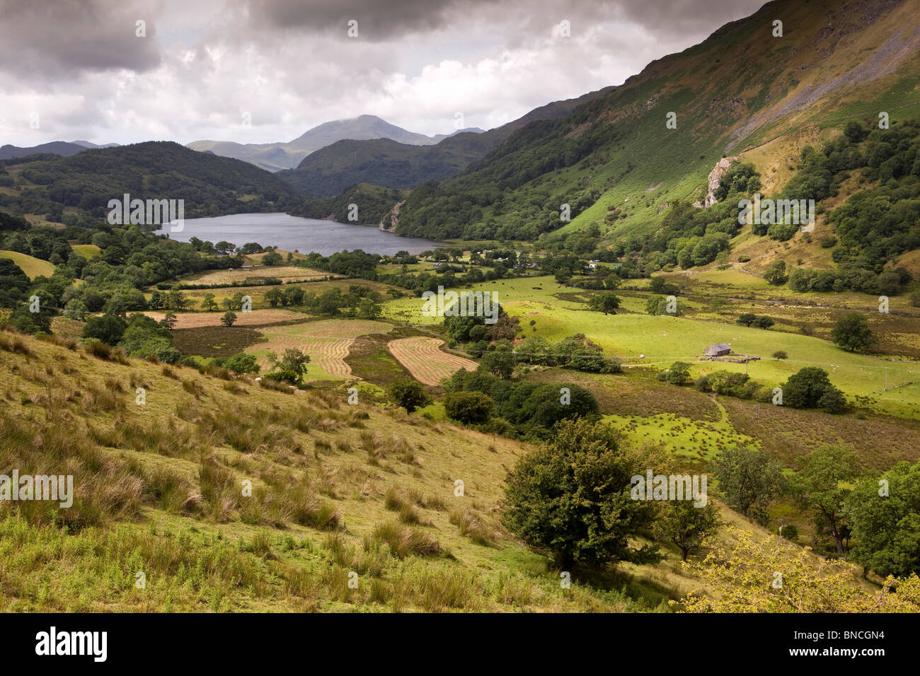 Regno Unito, Galles Snowdonia, paesaggio panoramico sopra Gwynant Llyn Foto Stock