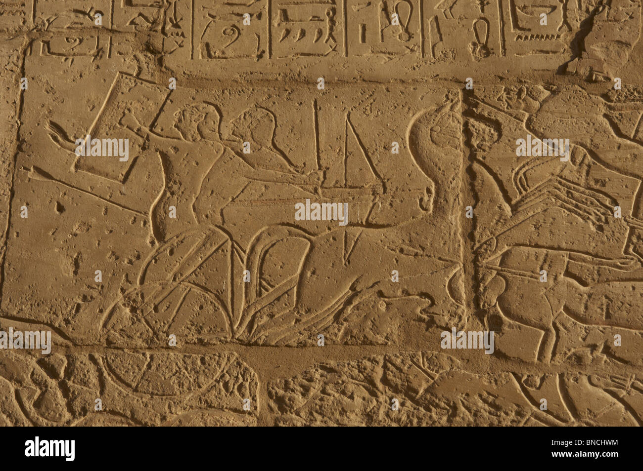 L'Assedio di Dapur. Un condottiero siriano è protetto dalle frecce egiziano con il suo scudo. Ramesseum. L'Egitto. Foto Stock