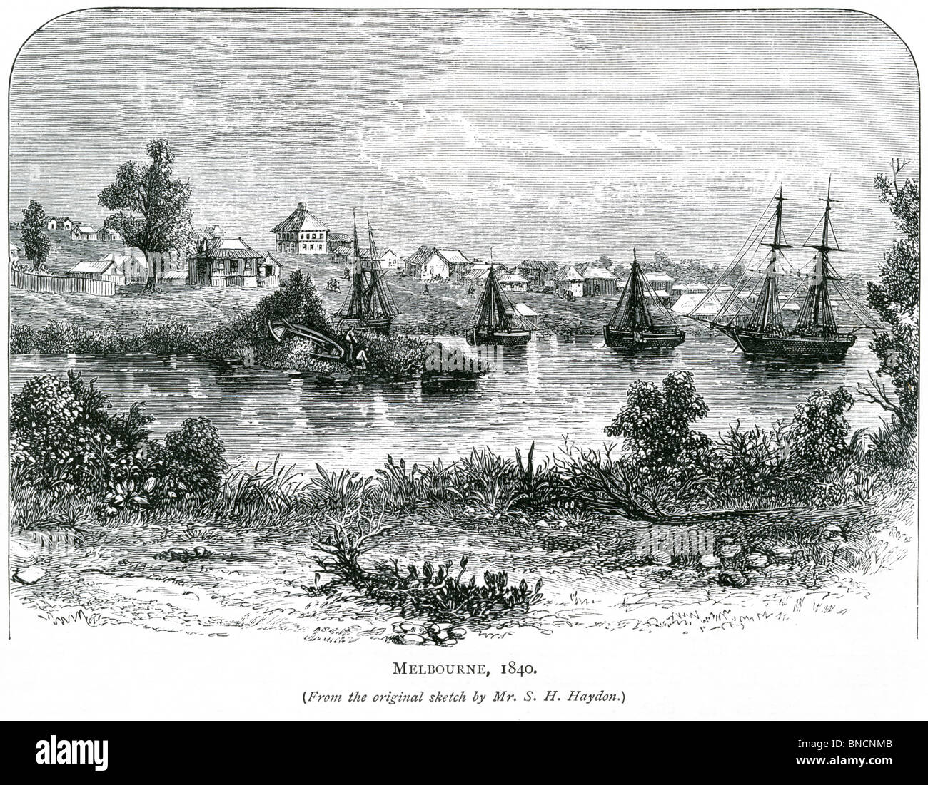 Una incisione di Melbourne, 1840, Victoria, Australia - pubblicata in un libro stampato in 1886. Foto Stock