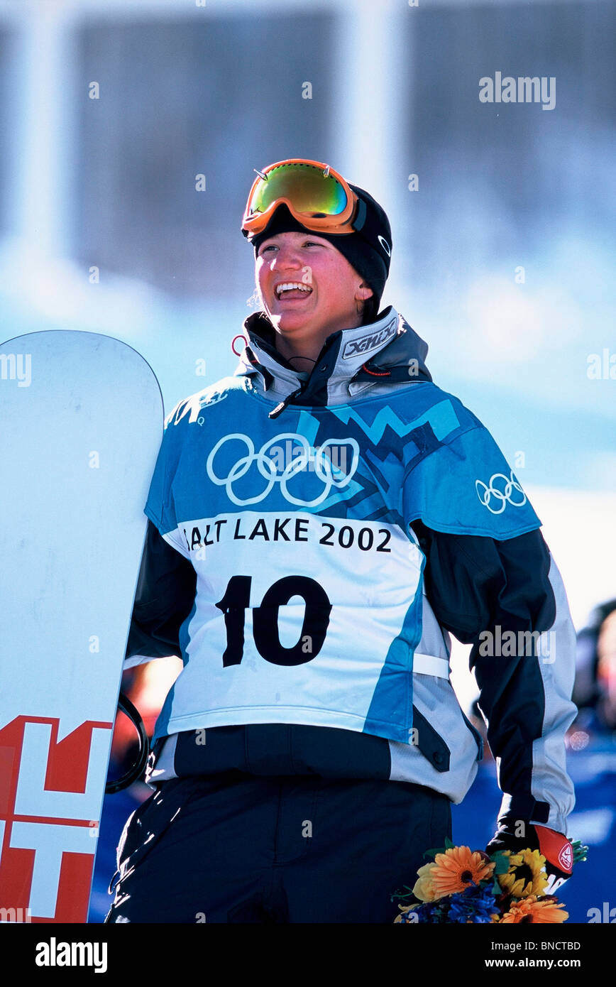 Kelly Clark (USA) medaglia d'oro nella halfpipe al 2002 Giochi Olimpici invernali di Salt Lake City, UT, STATI UNITI D'AMERICA Foto Stock