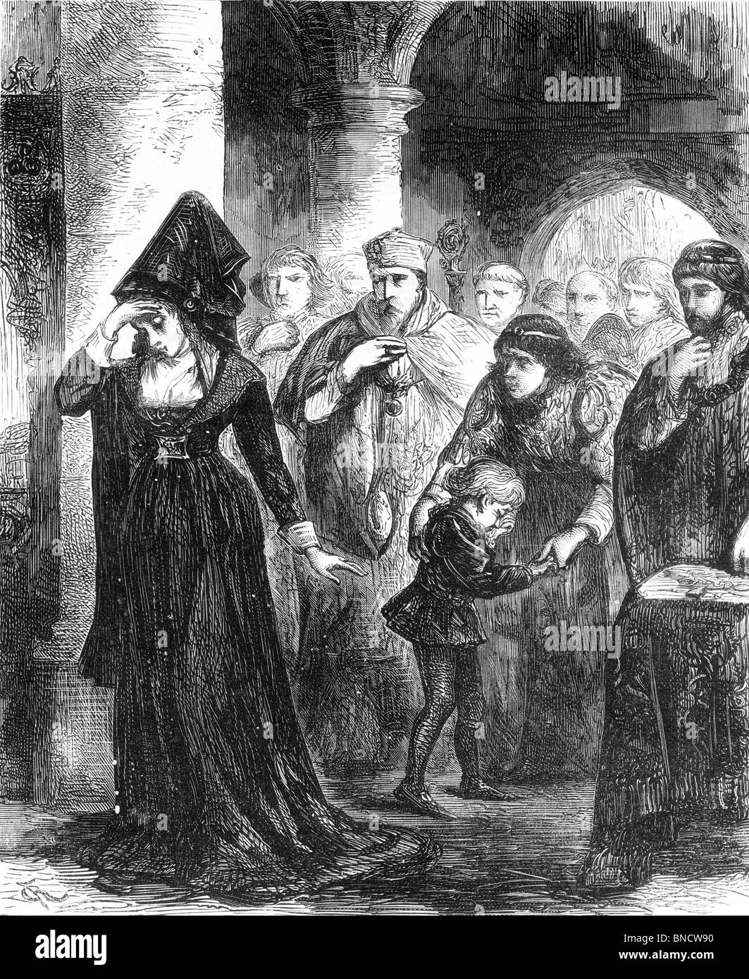 Bianco e Nero illustrazione della regina Elisabetta Wydville moglie di Edward IV il troncaggio dal suo figlio, il futuro Edoardo V. Foto Stock