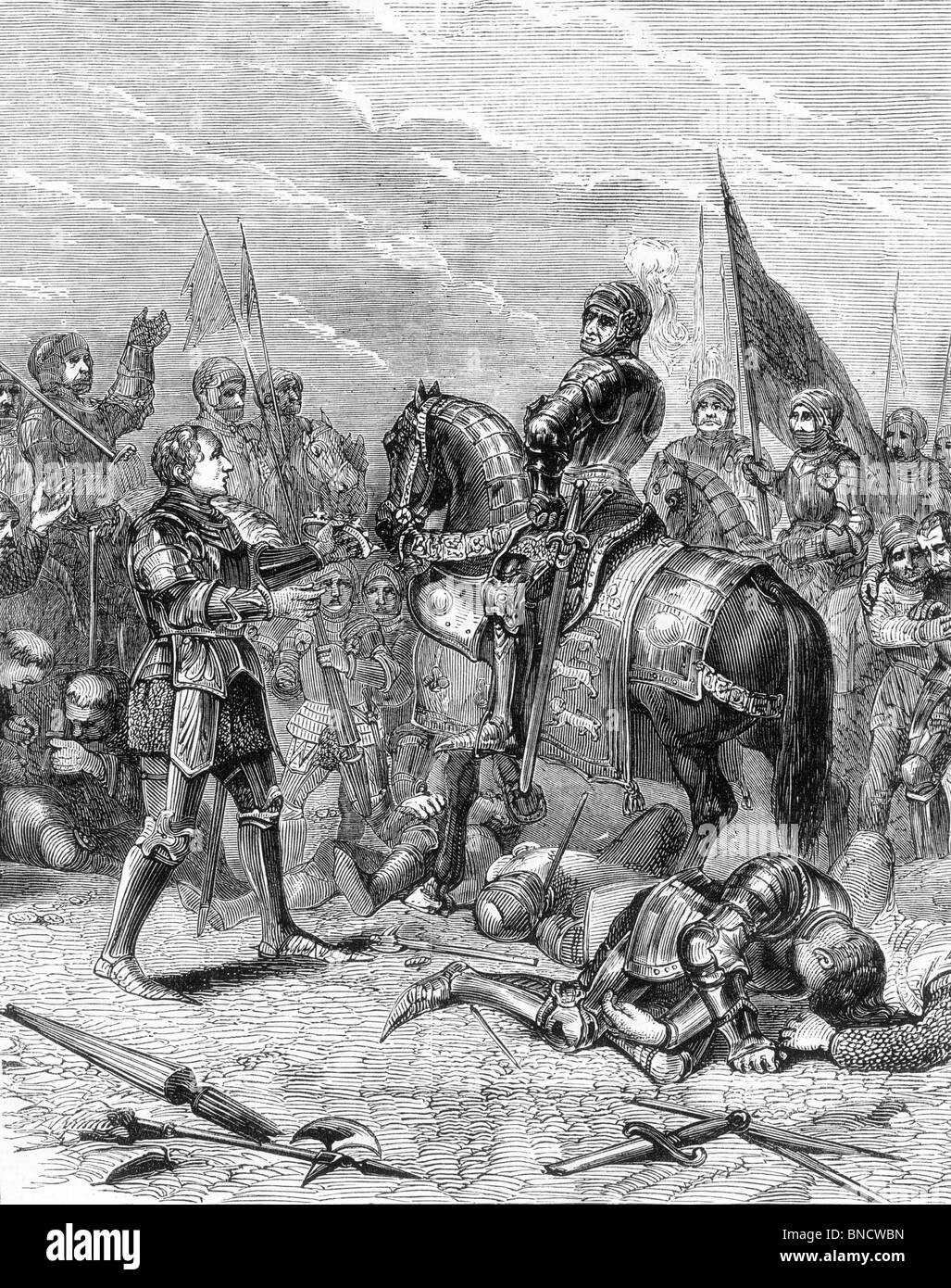 Bianco e Nero illustrazione della battaglia di Bosworth Field, 1485; signore Stanley portando la corona di Richard III a Richmond. Foto Stock