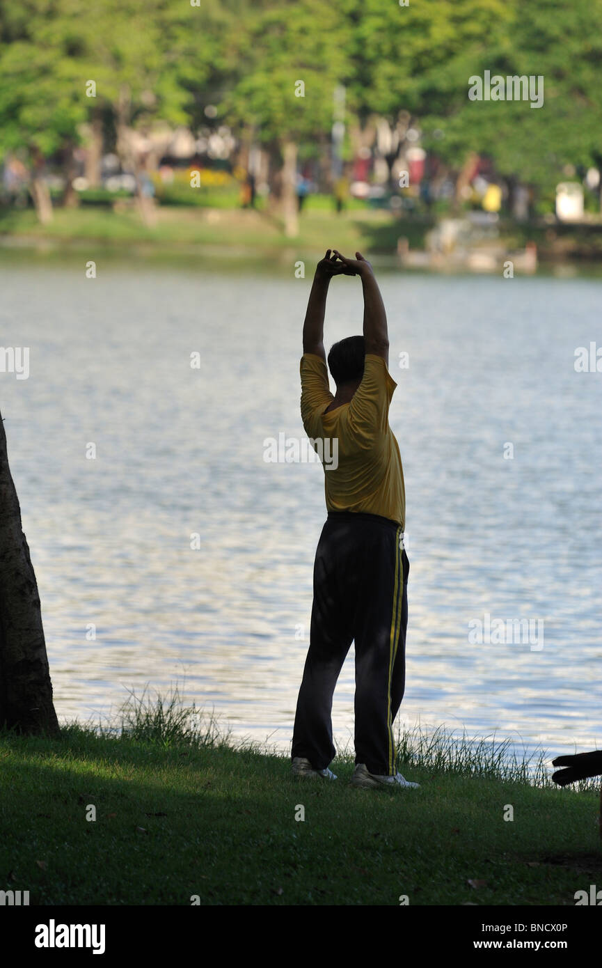 Tai Chi - esercizio dal vecchio uomo tailandese dal lago nel Parco Lumpini, Bangkok Foto Stock