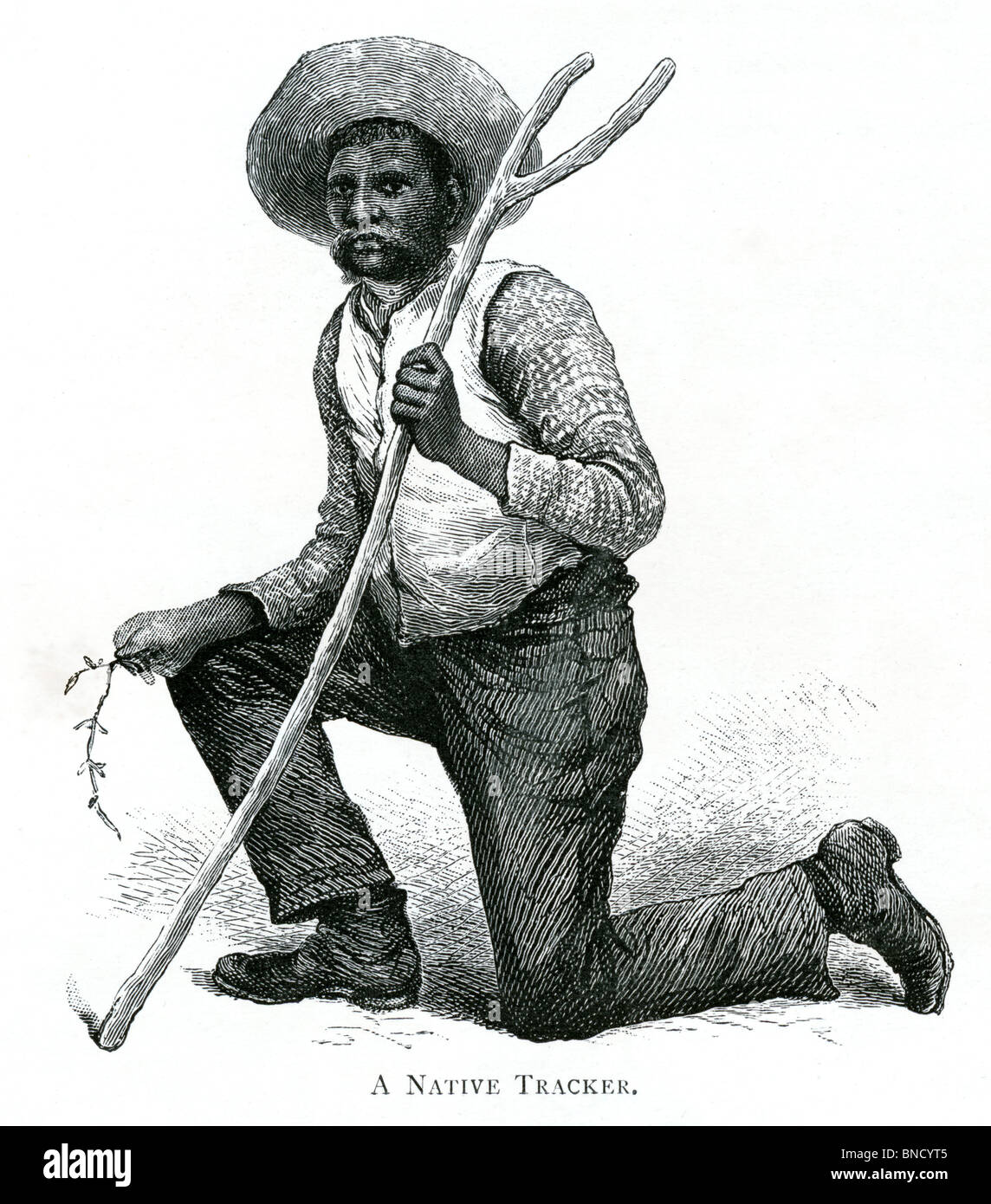 Una incisione di un nativo Tracker - pubblicata in un libro stampato in Australia nel 1886. Foto Stock