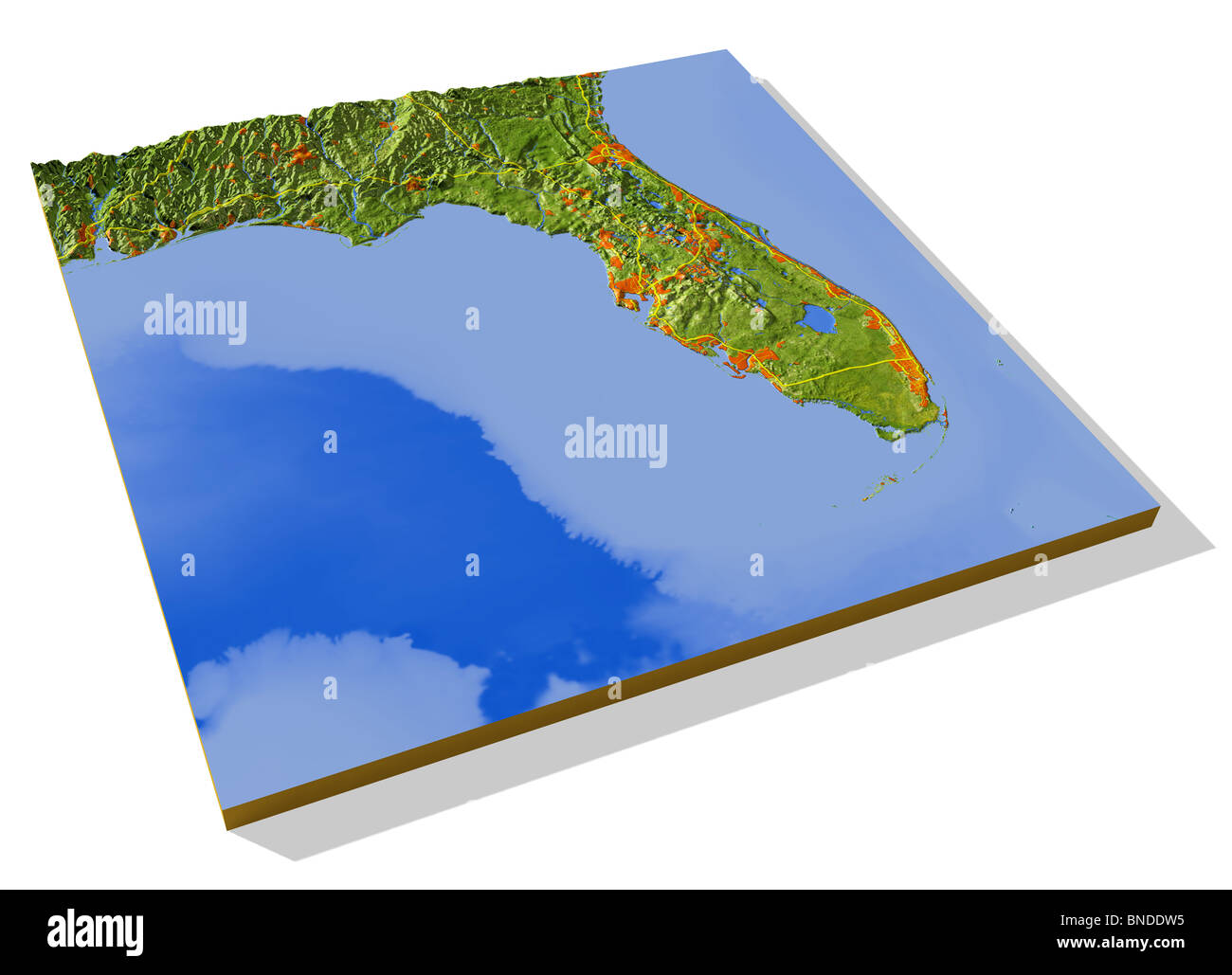 Florida, 3D rilievo mappa con le aree urbane e le autostrade interstatali. Foto Stock
