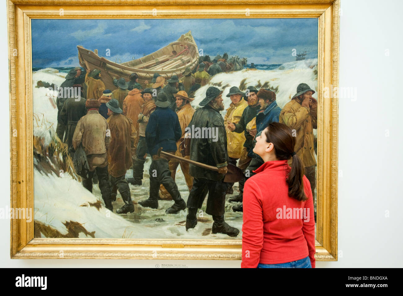 La pittura, la scialuppa di salvataggio viene prelevato attraverso la duna, da Michael Ancher al Museo Reale di Belle arti di Copenaghen Foto Stock