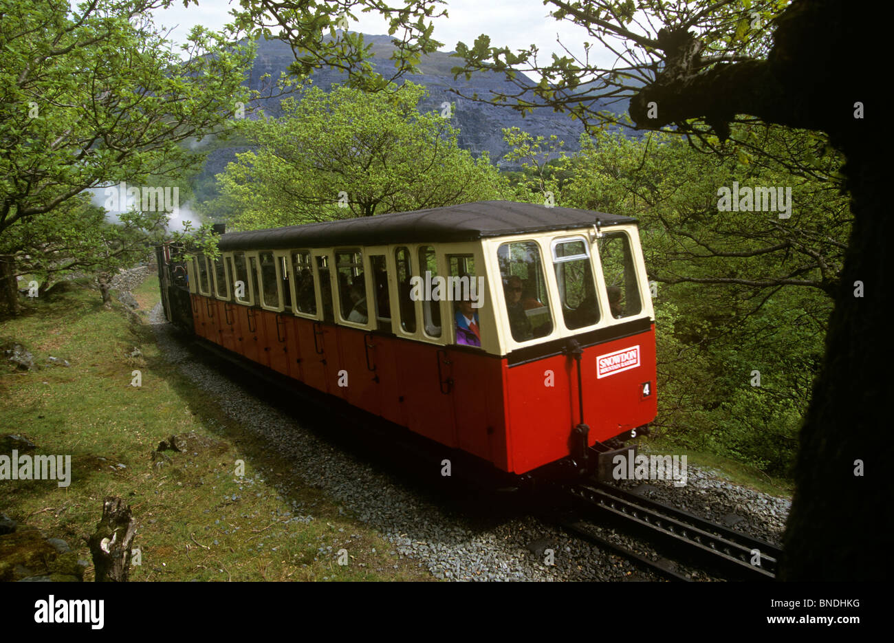 Nel Regno Unito, in Galles, Gwynnedd, Snowdonia, Snowdon Mountain treno ferroviario ascendere la montagna Foto Stock