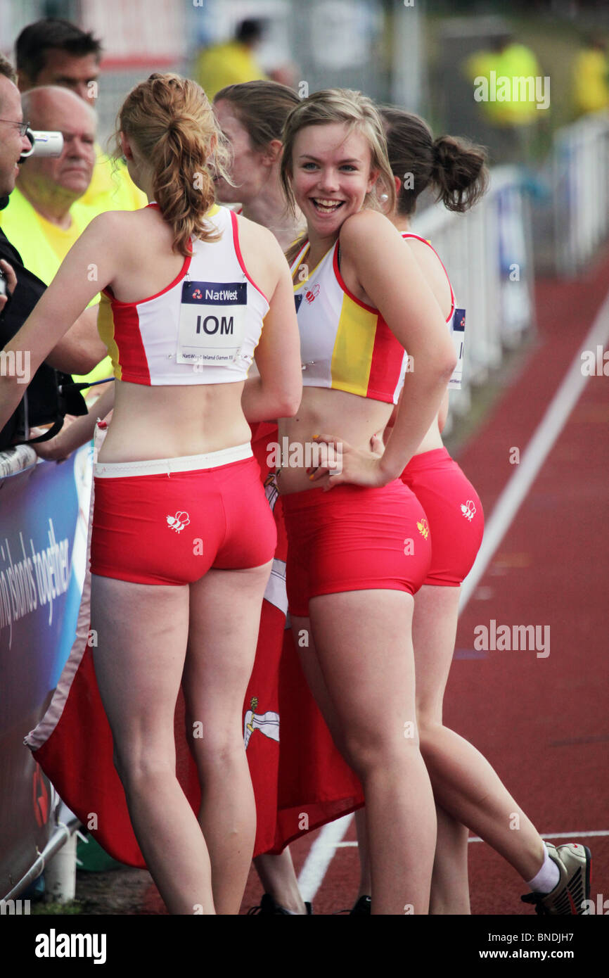 Isola di Man vincere la donna 4x100m relè a Natwest Island Games 2009, 3 Luglio 2009 Foto Stock