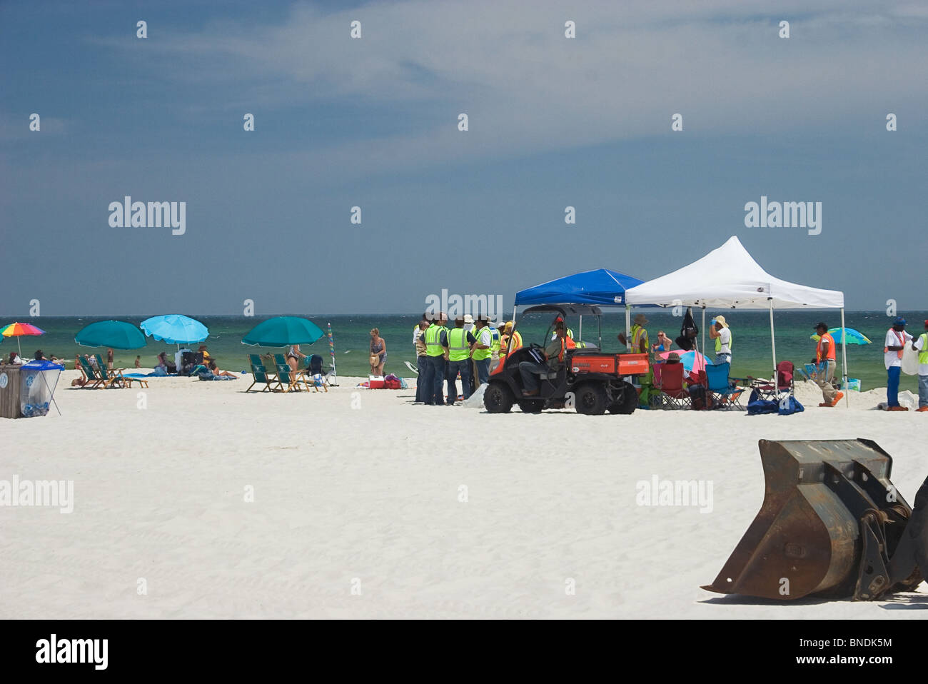 Un equipaggio di pulitura di opere accanto a lucertole da mare sulla spiaggia di Pensacola, Florida durante la BP fuoriuscite di olio. Luglio, 2010. Foto Stock
