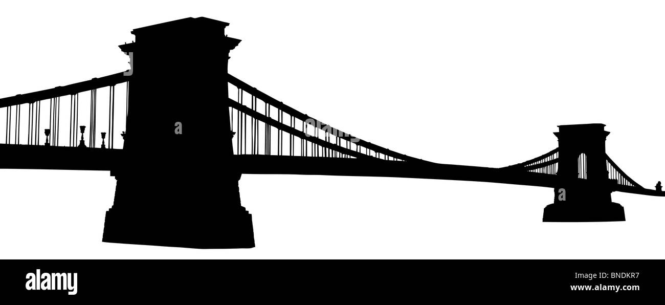 Una silhouette di un ponte catena (Szechenyi lanchid) a Budapest, Ungheria Foto Stock