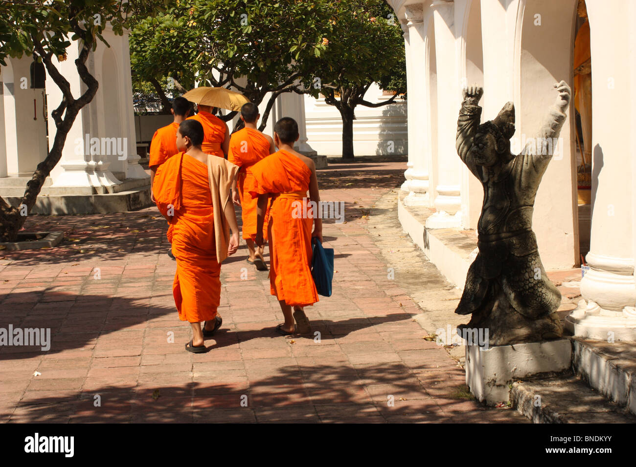 I monaci sono a piedi intorno al Phra Pathom Chedi, il piu' alto stupa nel mondo (Thailandia),l'ombrello, Orange, statua, alberi Foto Stock