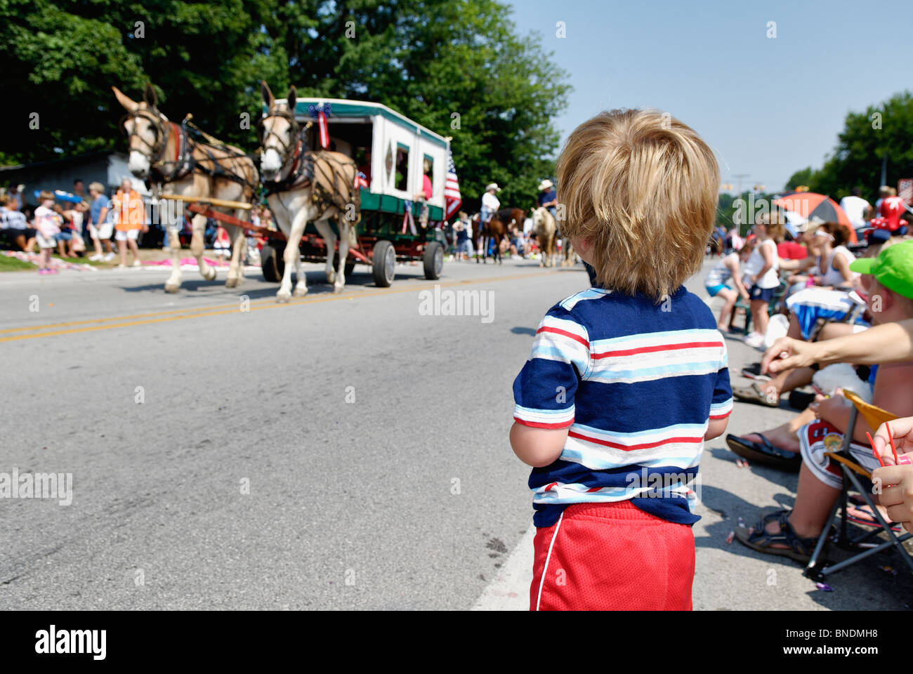 Ragazzo giovane guardando mulo carro condotto nella più antica indipendenza continua parata del giorno in America in Pekin, Indiana Foto Stock