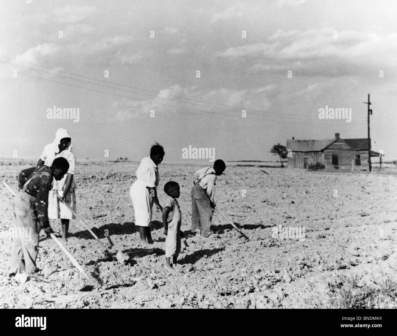 Angolo di alta vista di due donne con tre figli zappando un campo, South Carolina, STATI UNITI D'AMERICA Foto Stock