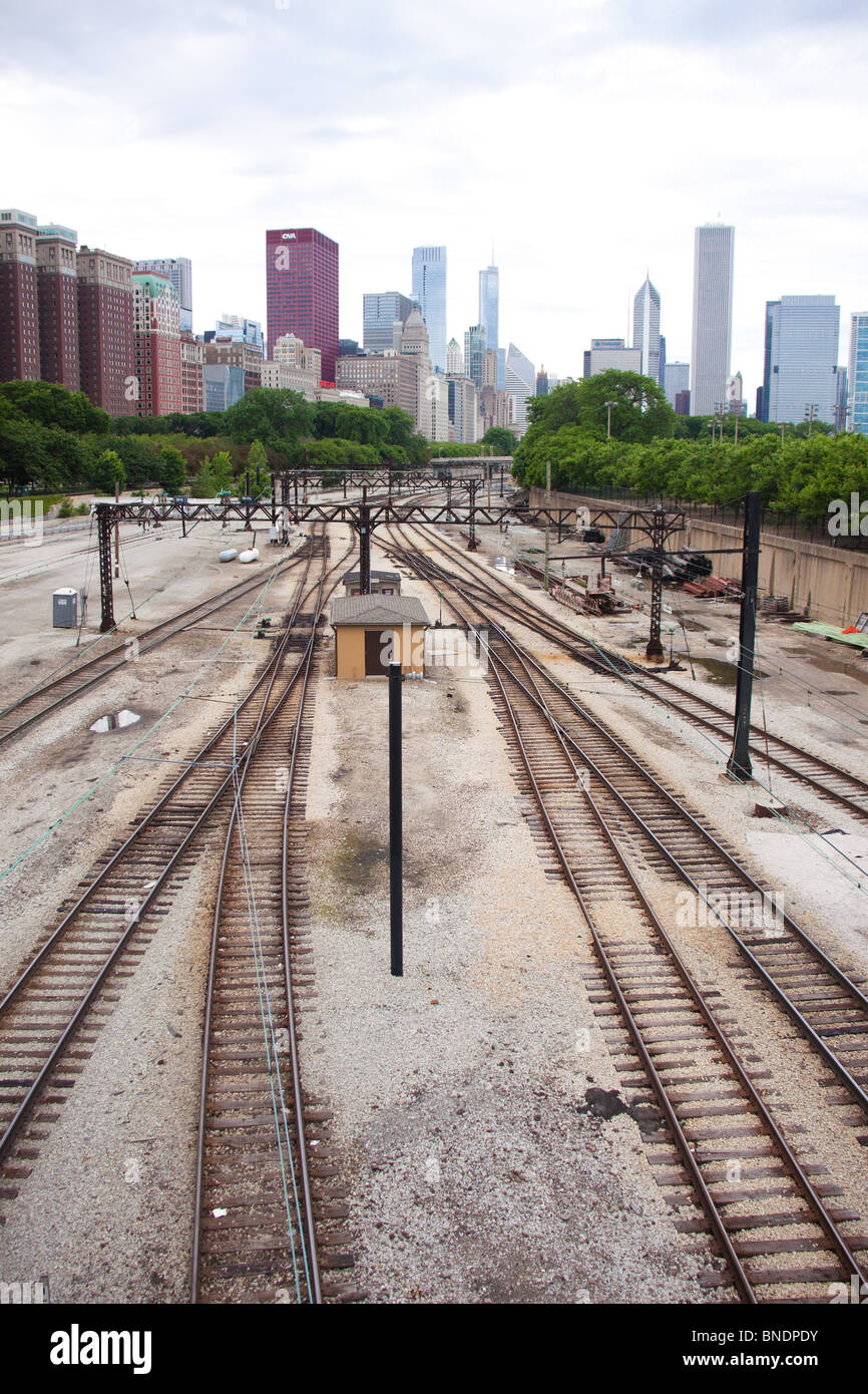 Cantieri ferroviari a sud del centro cittadino di Chicago Foto Stock