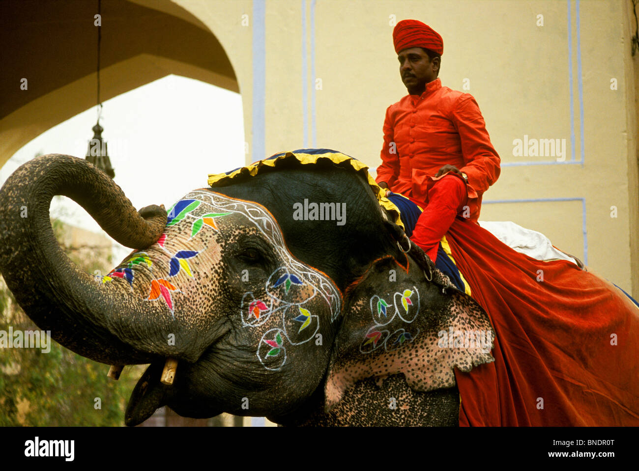 Elefante e mahout presso il festival di Gangaur, Jaipur, Rajasthan, India Foto Stock