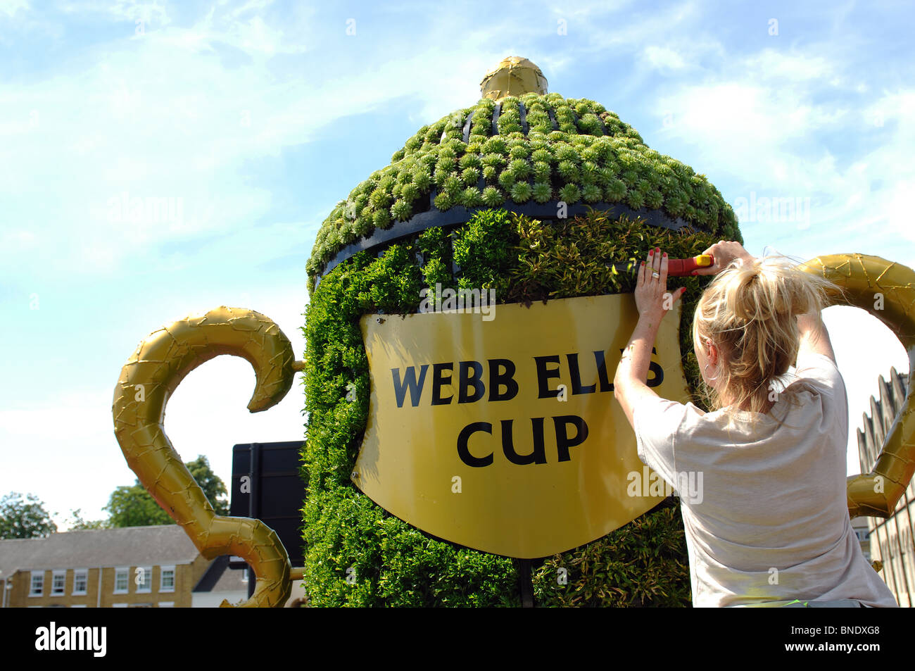 Donna giardiniere piante di trimming su Webb Ellis Cup la decorazione floreale, Rugby, Warwickshire, Inghilterra, Regno Unito Foto Stock