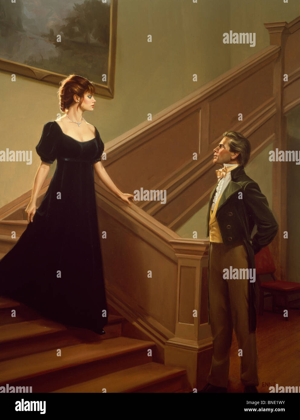 Uomo che guarda una donna si sta spostando verso il basso le scale Foto Stock