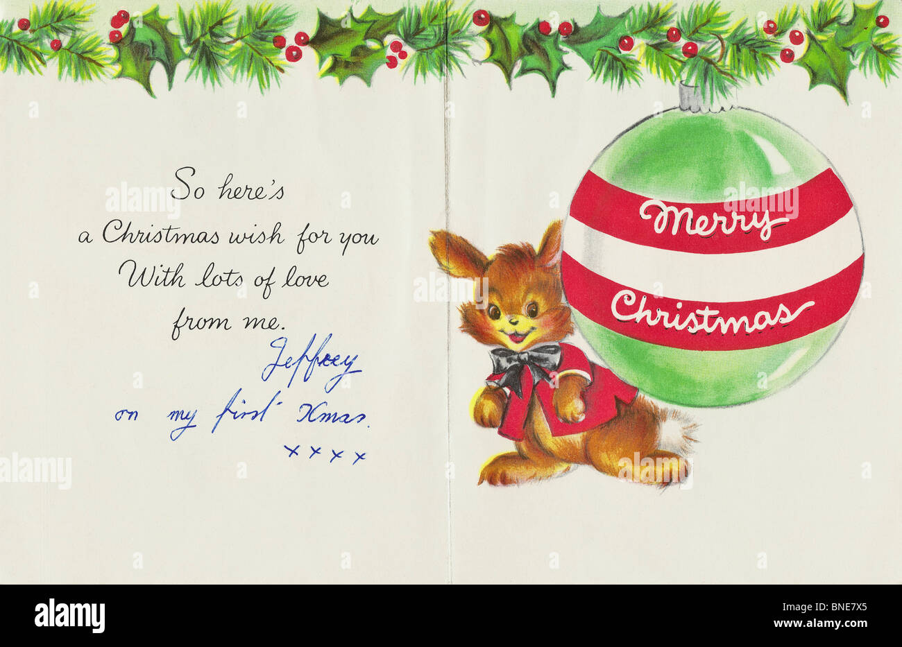 A MADRE A Natale all'interno di Hallmark Xmas card da anni cinquanta ad una madre da suo figlio al suo primo Natale, il coperchio è BNE7WA Foto Stock