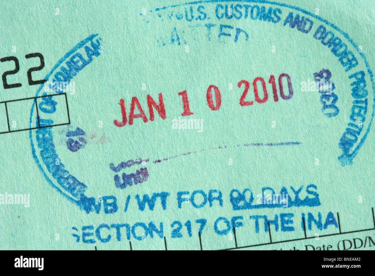 Noi verdi Visa Waiver card stampata con entrata visa Department of Homeland security US Customs and Border Protection Foto Stock