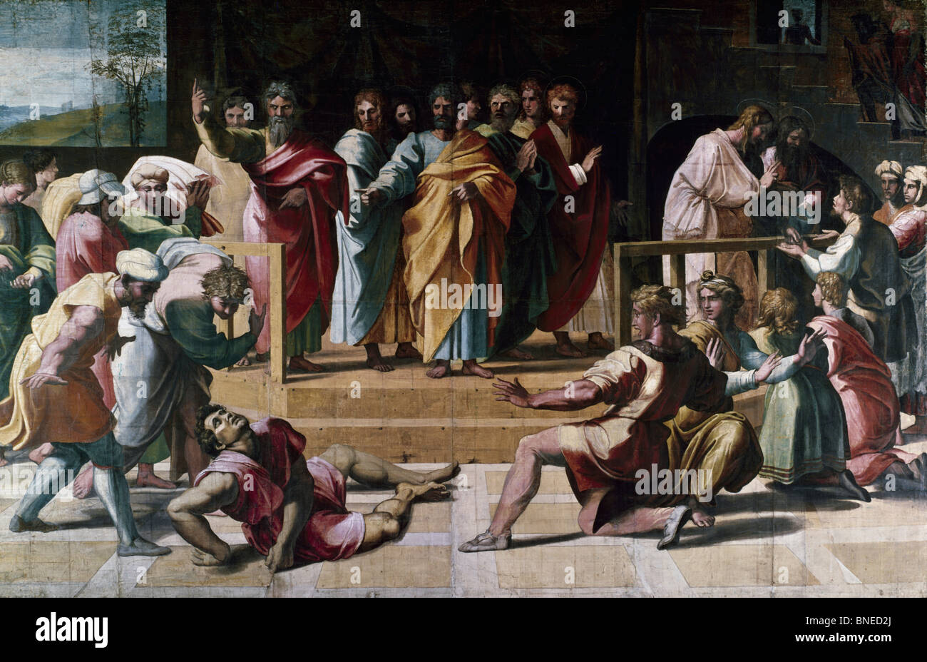 La morte di Anania, 1515-16, Raphael (1483-1520/italiano), olio su tela, Victoria & Albert Museum di Londra, Inghilterra Foto Stock